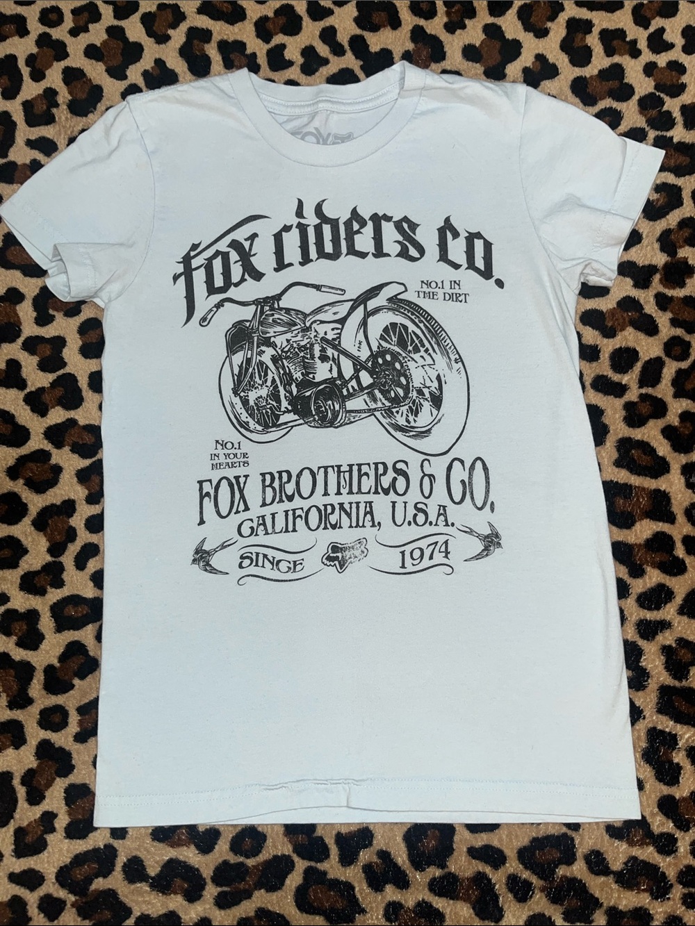Fox White Short Sleeve Tee with Black Motorcycle Graphic